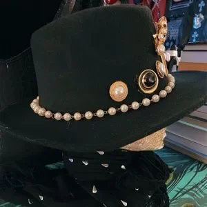 Custom Black, Gold & Pearls Wool Fedora FarrahNayka Designs | Accessories | Custom Black Gold Pearls  main image 3